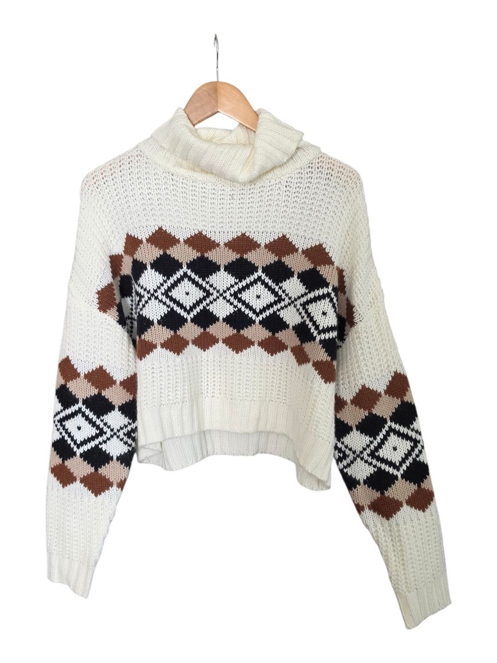 Women’s Cream Argyle Turtleneck Sweater with Brown & Black Pattern